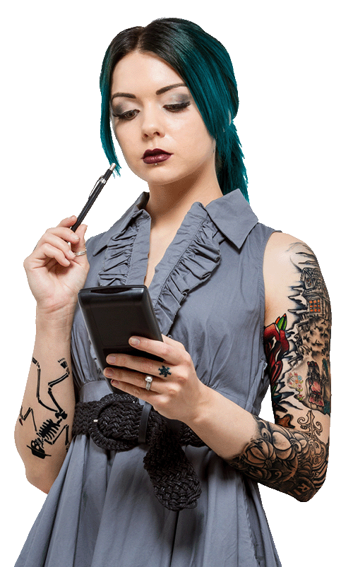 cute girl with tattoos and a calculator